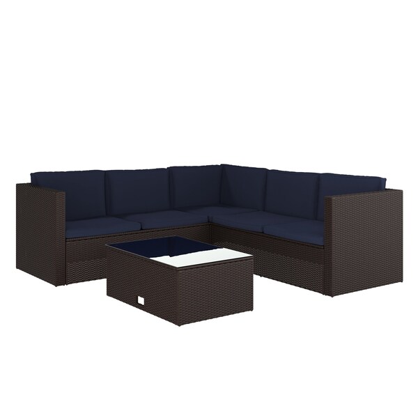 Flash Furniture Roan Indoor/Outdoor L-Shaped Sectional w/Coffee Table in Brown Wicker PE Rattan w/Navy Cushions BN-WS404-NV-BR-GG - main